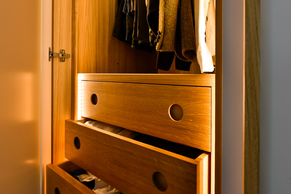 Internal drawers of bespoke fitted furniture designed and built in somerset